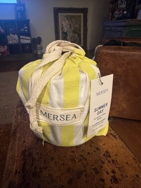 Mersea 'Summer Day' Candle & Matches w/Yellow/White Striped Drawstring Sandbag
